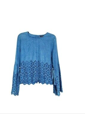 Style Envy Blue Eyelet-Hem Tie Sleeve Blouse